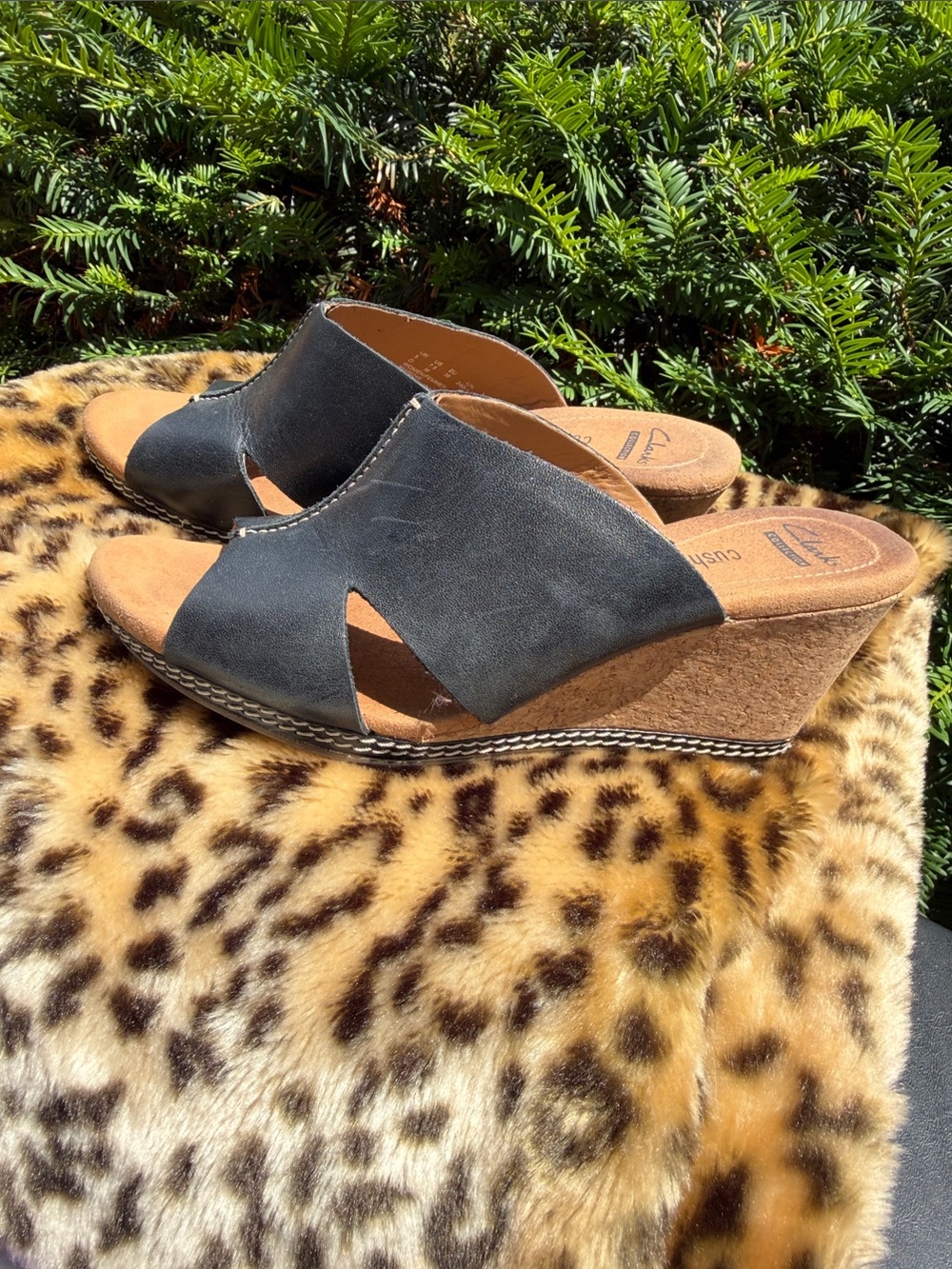 Clarks Black Cork Wedge Slide Sandals 7.5